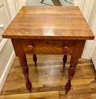 Antique Gorgeous Solid Curly Maple   Cherry One Drawer Stand Hand Turned Legs