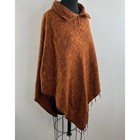 Zig Zag Burnt Orange Button Fringe Trim Pullover Collared Cape Poncho Nepal Os