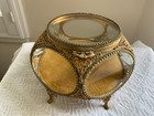 Vintage Gold Filigree   Oval Beveled Glass 5 Sided footed Jewelry Casket