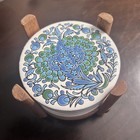 Handmade Greek Ceramic Tile Coasters   Wood Holder Set Of 6 Pretty Blue Green