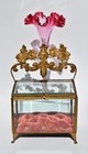 Rare Antique French Bridal Casket -ormolu bevelled Glass cranberry Trumpet lined