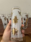 Libbey Tom Collins Gold Leaves Frosted 7    Highball Cocktail Glass Vintage Set