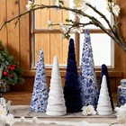 6 Pcs Christmas Chinoiserie Blue White Decor Velvet Cone Tree Vintage Tabletop 