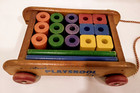 Vintage Wooden Playskool Wagon Pull Toy Complete Set - 21 Wood Blocks Rods Rope