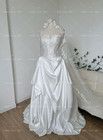 Stain Wedding Dress Ruffles Skirt Lace Applique Sweep Train Vintage Bridal Gown