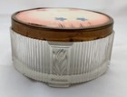 Vintage Art Deco Glass Powder Jar Brass Lid Flowers Raised Design For Vanity 3 5