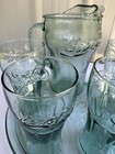 Vtg Coca Cola Pebbled Green Glass Pitcher 4 Glasses   Tray Set pristine  