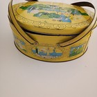 Vintage Lithograph 1930s Metal Oval Tin Trinket Sewing Box Basket Cottage Farm 