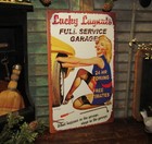Prim Vtg 1950s Style Retro Pinup Girl Lucky s Garage Metal Poster Tin Sign