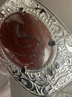 Vintage Silver Belt Buckle Metal Scroll Design Brown Stone Decorative