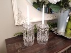 Antique 19th C  Pair Victorian Cut Crystal Clear Mantle Lusters W  Long Prisms