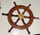 Nautical Boat Ship Wood And Brass Steering Wheel Wall Hanging 15 1 4  In Dia 