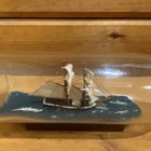Vintage Vtg Ship In A Glass Bottle Nautical Decor Wooden Base Blue Sea