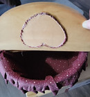 Vtg Bushel Sewing Basket Wooden Flip Top Heart Wood Handle Fabric 31  Diam Prim
