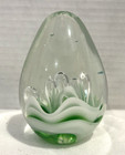 Beautiful Oval Art Glass Paperweight Clear Green White Swirls