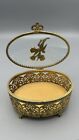 Vtg Gold Tone Ormolu Filigree Dresser Vanity Jewelry Box Glass Lid Floral Oval
