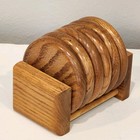 Vintage Mid Century Wooden Cork Coasters Set Of 6 With Caddy holder stand 