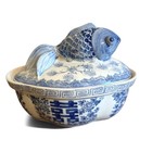 Blue White Chinoiserie Koi Fish Double Happiness Porcelain Dish With Lid Tureen