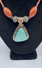 Sterling Silver Turquoise   Coral Tribal Pendant Necklace 79 1g
