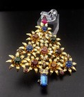 Vintage Gorgeous Christmas Tree Flowers W Rhinestone 2 75  Gold Tone Brooch Pin