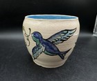 Art Pottery Hand Painted Blue Birds Planter Pot Coral Floral Signed  is  4    W