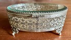 Vintage Jewelry Casket Beveled Glass Lid Silver Toned Filigree Trinket Box