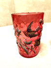 Rare Pair Of Antique Cranberry Art Glass Tumblers With Coralene Decorations