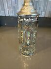 Antique Lidded Cut Glass  Painted German Beer Stein Pewter Top 9 5   