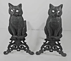 Antique Victorian Cast Iron Cat Andirons Fireplace Pair Black