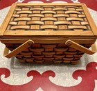 Beautiful Quality Woven Wood Sewing Picnic Basket Brown Red Green Hinged Handles