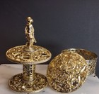 Hollywood Regency Ormolu Filigree Golden Vanity Set Tooth Brush Trinket Holder