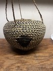 African Coil Basket Primitive Basket Lid Straps Tribal Woven Boho Round Bulbous 