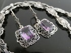 Vintage Filigree Sterling Silver 925 Deco Amethyst Earrings   Necklace Set