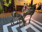 Vintage Mcm Solid Brass Deer Figurine Set - Pair Of Buck   Doe 7  Tall