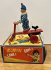 Vintage Clown Riding Scooter 5  Tin Wind Up Toy In Box  China - Works  With Box