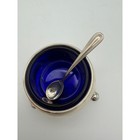 Antique Sterling Silver Salt Cellar With Cobalt Blue Glass Liner And Spoon 38g