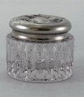 Vintage Pressed Glass Vanity Powder Jar Ornate Floral Silver Toned Metal Lid