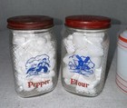 Vintage Tipp Cattails Hazel Atlas Flour Pepper  Shakers Red Green Lids Kitchen