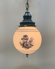 Vintage Milk Glass Floral Globe Pendant Ceiling Light Fixture Blue White 1960s