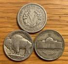 Nickel Type Set 3 Coins  1911 Liberty V-nickel  1930 Buffalo  1943-p Jefferson