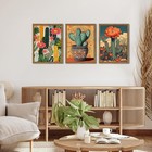 Framed Mexican Cactus Canvas Wall Art Set Of 3 - Vintage Desert Floral Wall D   