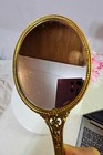 Vtg Vanity Hand Held Mirror Goldtone  Goldplated Metal W  3d Flower 13in - G3