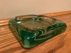 Vintage Mid Century Hand Blown Square Green Glass Cigar Ashtray 6 In Heavy