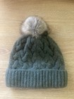 C c Beanie Olive  sage Thick Cable Knit Faux Fur Pom Fleece Lined Cuffed Cap New