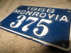 Vtg Bicycle License Plate Monrovia California 1966 Metal 60 Years Old 4 x6  Vhtf