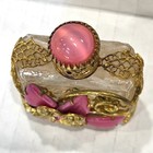 Vtg Art Deco Czechoslovakia Glass Perfume Bottle Stopper Gold Filigree Stones
