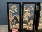 Vintage Oriental Carved Cork Art 7    4 Panel Wood Folding Screen Cranes Trees