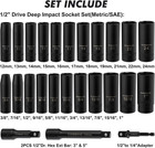 25pcs 1 2  Drive Impact Socket Set  Deep  Cr-v Steel  6 Point  Metric sae  12mm