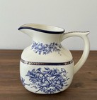 Mud Pie Pitcher Blue White Toile Floral Musical Horn Gold Trim Ceramic Vase Jug