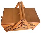 Sewing Box Wood Dovetail  Accordion Fold Out With Handles Mcm Art Deco Vtg